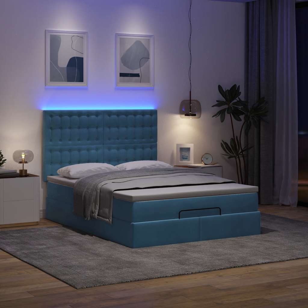 Ottoman-Bett mit Matratzen & LEDs Dunkelblau 140x190 cm Samt