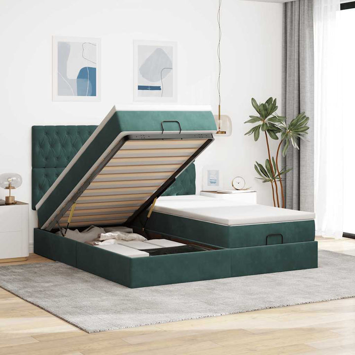 Ottoman-Bett mit Matratzen & LEDs Dunkelgrün 200x200 cm Samt
