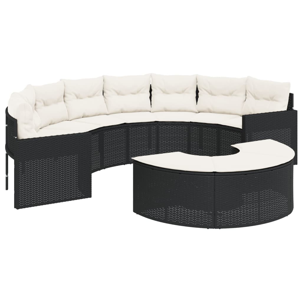 Gartensofa mit Kissen Halbrund Schwarz Poly-Rattan