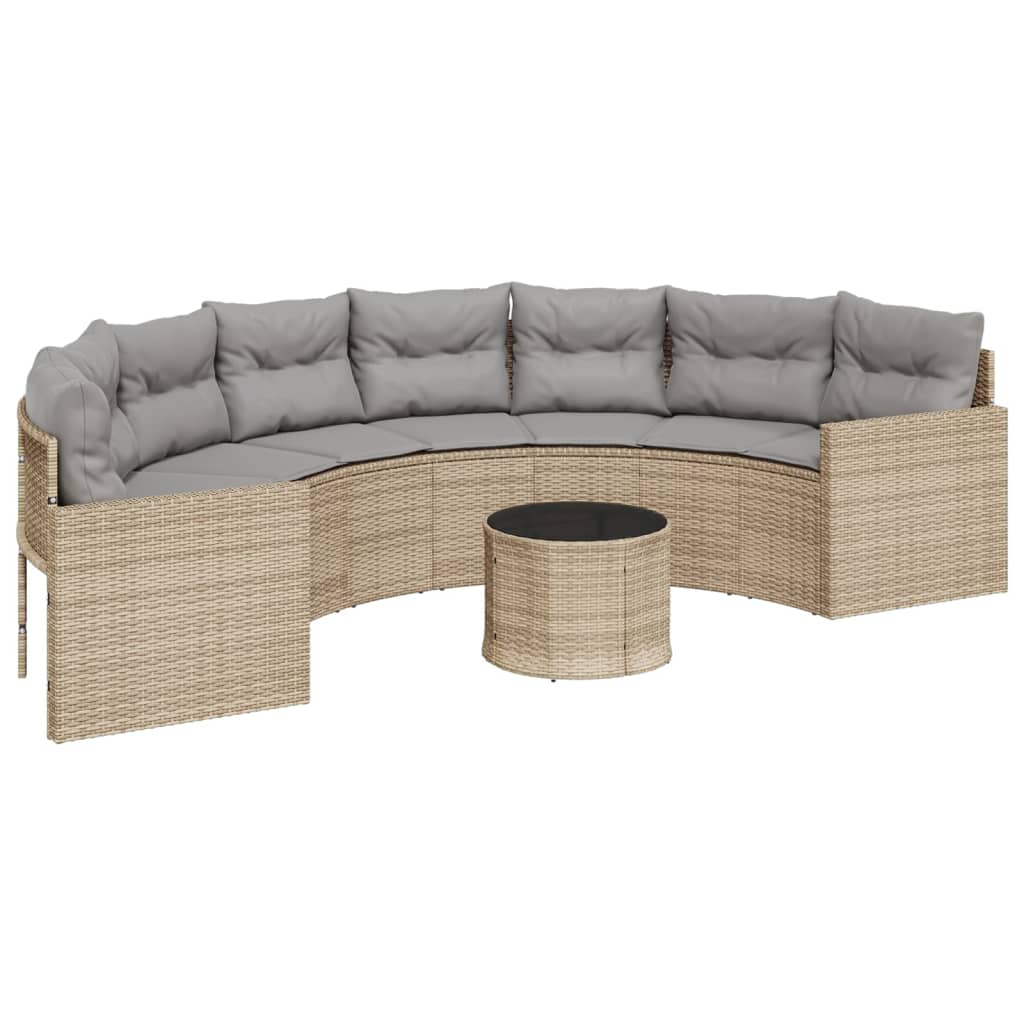 Gartensofa mit Tisch und Kissen Halbrund Beige Poly-Rattan