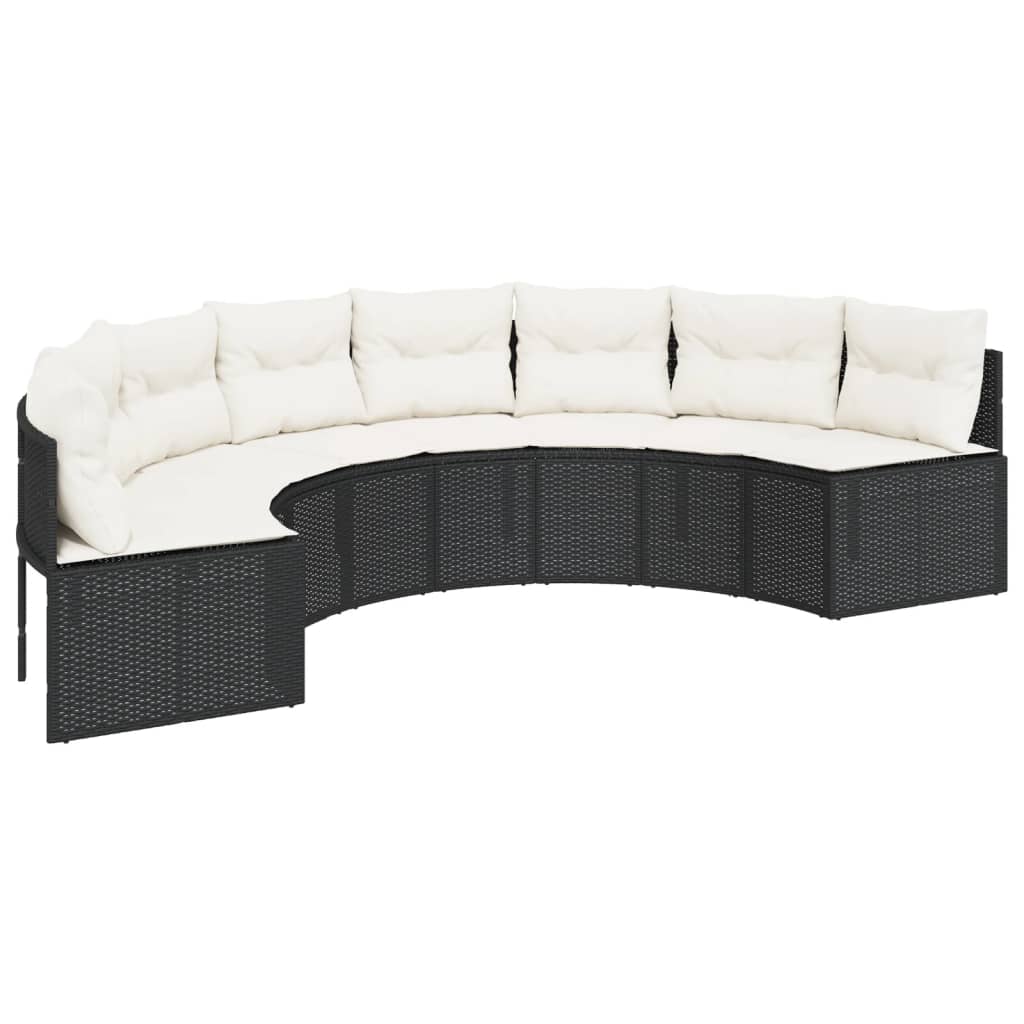 Gartensofa mit Kissen Halbrund Schwarz Poly-Rattan