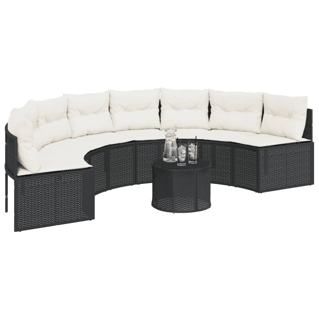 Gartensofa mit Kissen Halbrund Schwarz Poly-Rattan