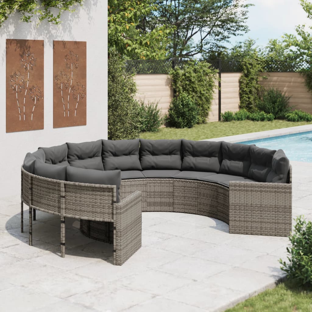 Gartensofa mit Kissen Rund Grau Poly Rattan