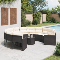 Gartensofa mit Tisch und Kissen Rund Schwarz Poly-Rattan