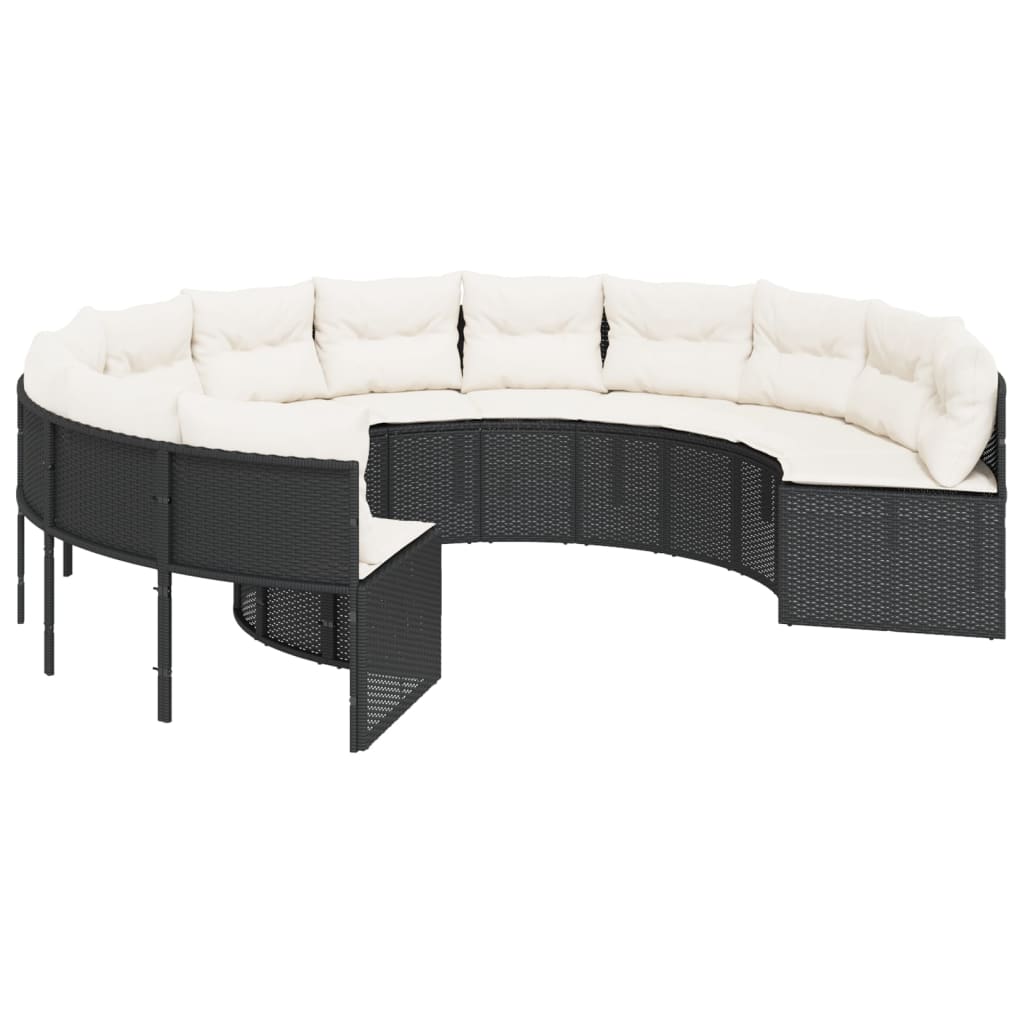 Gartensofa mit Kissen Rund Schwarz Poly-Rattan