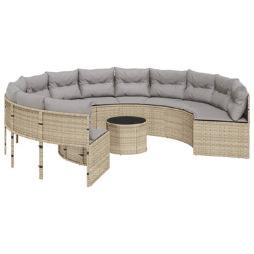 Gartensofa mit Tisch und Kissen Rund Beige Poly-Rattan