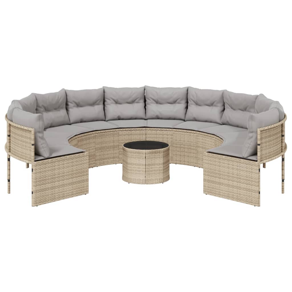 Gartensofa mit Tisch und Kissen Rund Beige Poly-Rattan