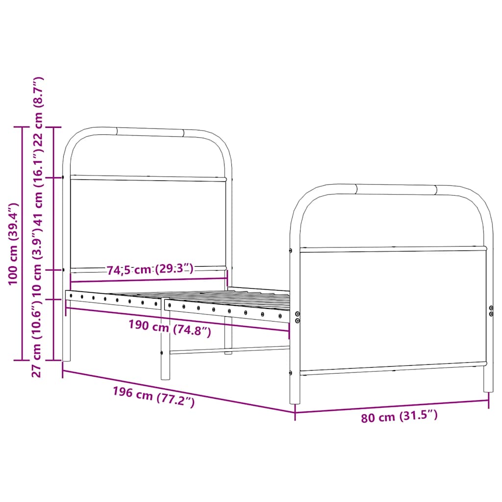 Bettgestell ohne Matratze 75x190 cm Braun Eichen-Optik