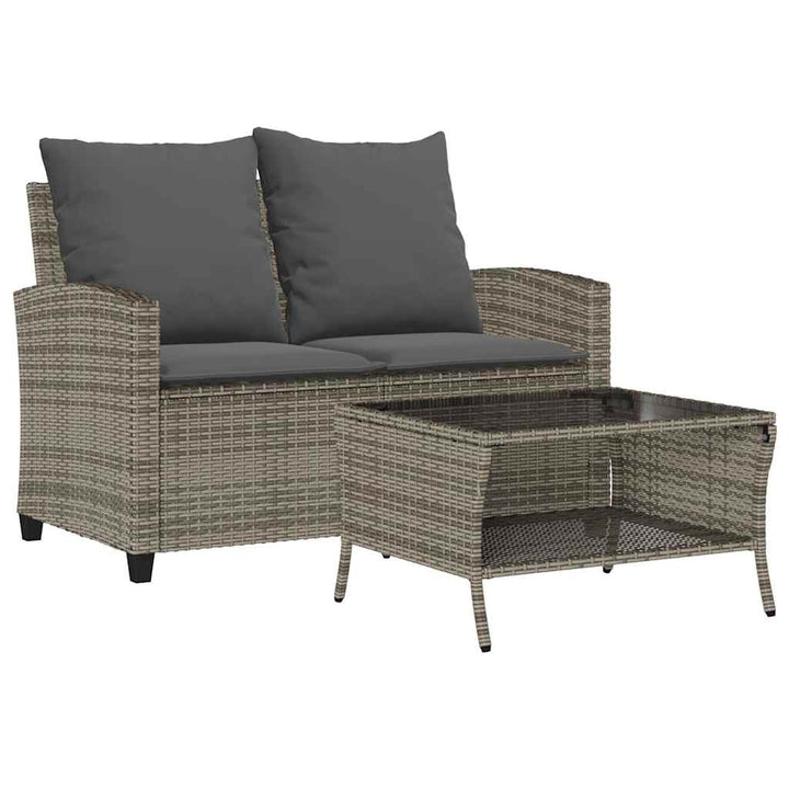 Gartensofa 2-Sitzer mit Kissen & Tisch Grau Poly Rattan