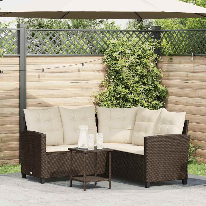 Gartensofa in L-Form mit Tisch und Kissen Braun Poly Rattan