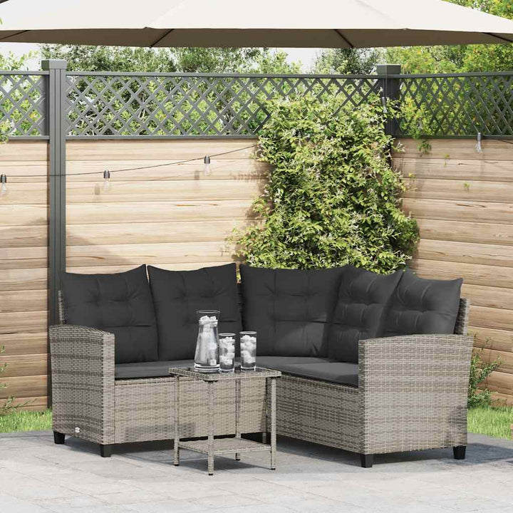 Gartensofa in L-Form mit Tisch und Kissen Grau Poly Rattan