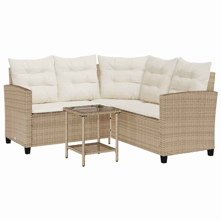 Gartensofa in L-Form mit Tisch und Kissen Beige Poly Rattan