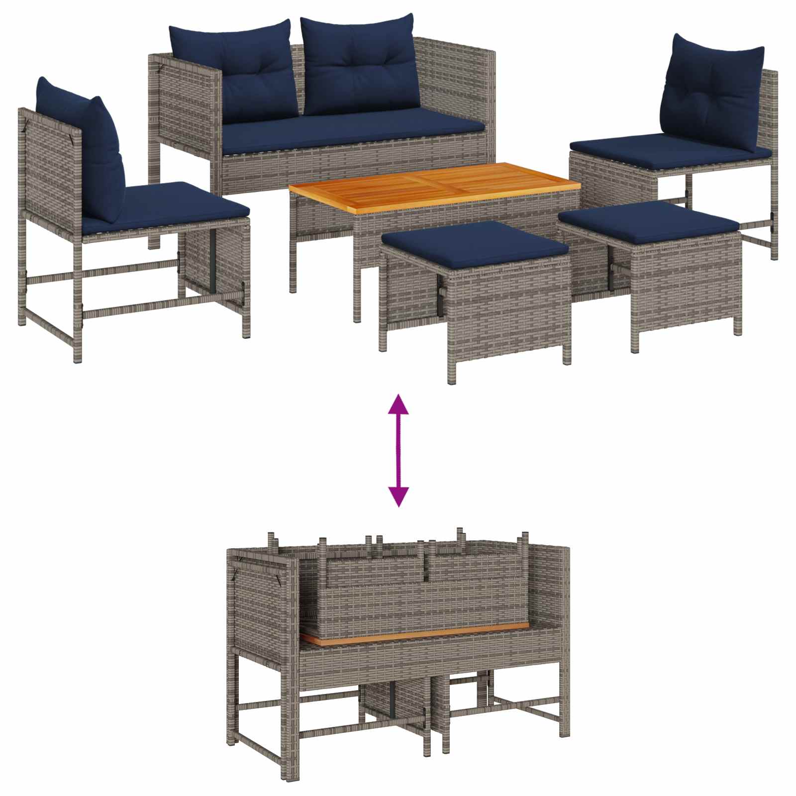 Gartensofa-set mit Kissen 6 pcs Grau und Marineblau Poly-Rattan