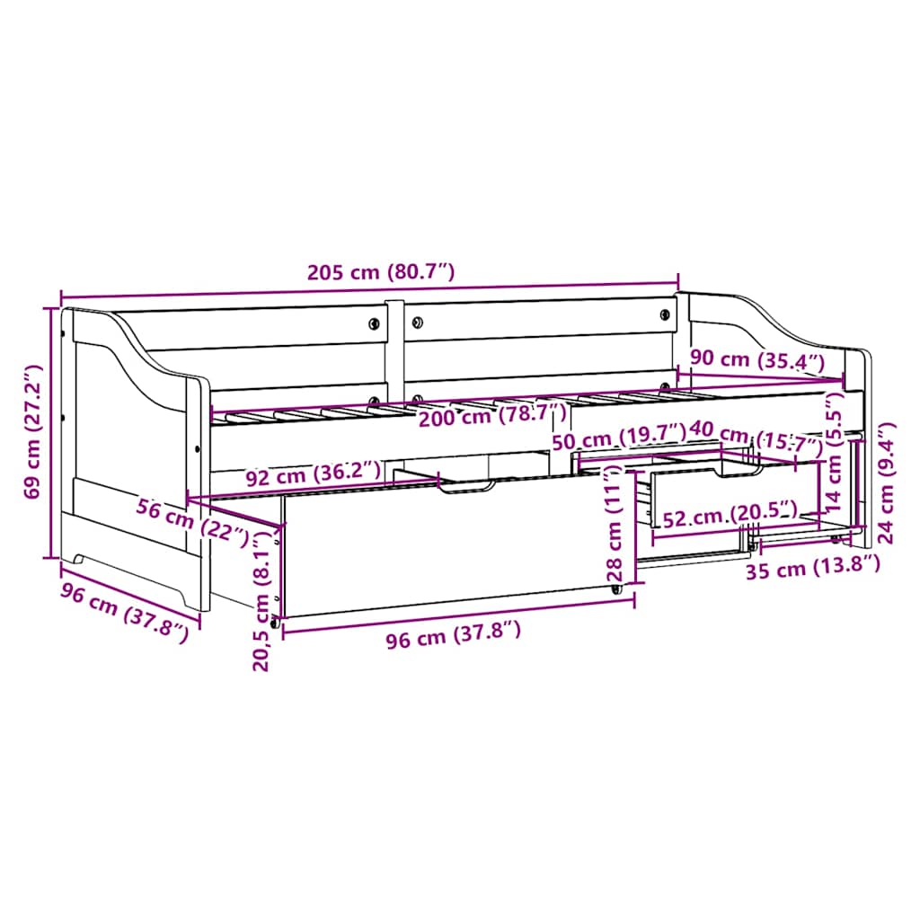 Tagesbett mit 3 Schubladen ohne Matratze Weiß Rosa 90x200cm