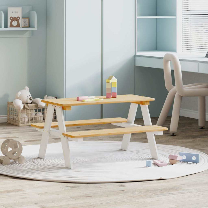 Kindertisch mit Bänken IRUN Weiß 90x79,5x50 cm Massivholz