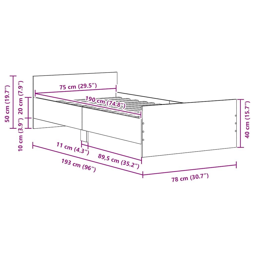 Bettgestell ohne Matratze Schwarz Eichen-Optik 75x190 cm