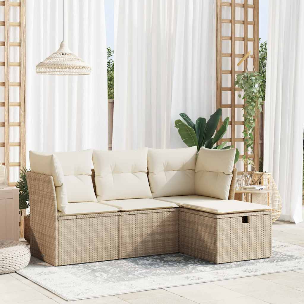 4-tlg. Garten-Sofagarnitur mit Kissen Beige Poly Rattan