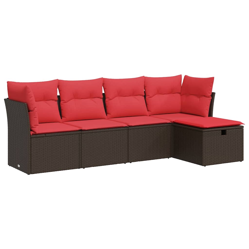 5-tlg. Garten-Sofagarnitur mit Kissen Braun Poly Rattan
