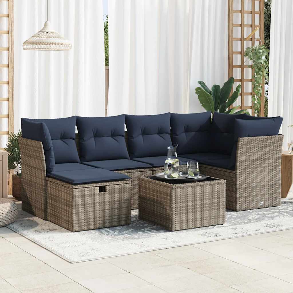 7-tlg. Garten-Sofagarnitur mit Kissen Grau Poly Rattan