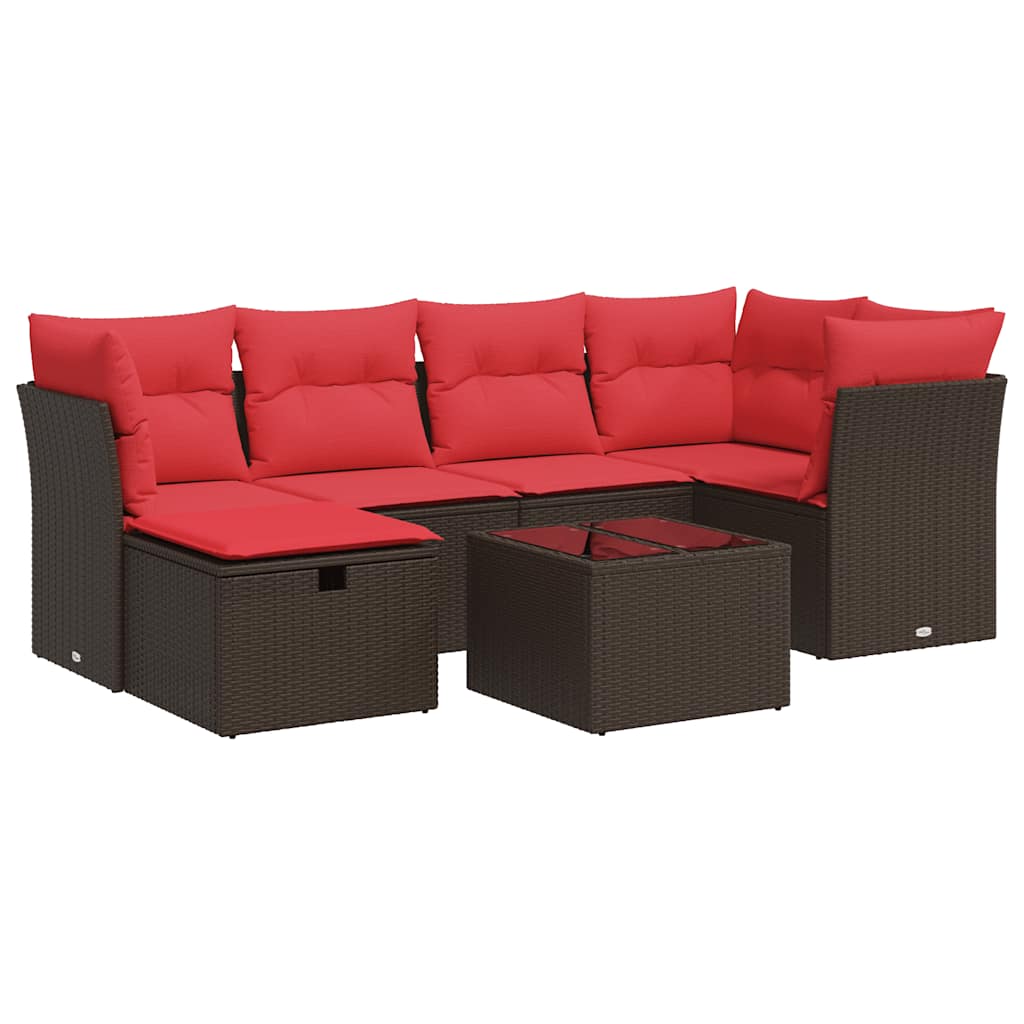 7-tlg. Garten-Sofagarnitur mit Kissen Braun Poly Rattan