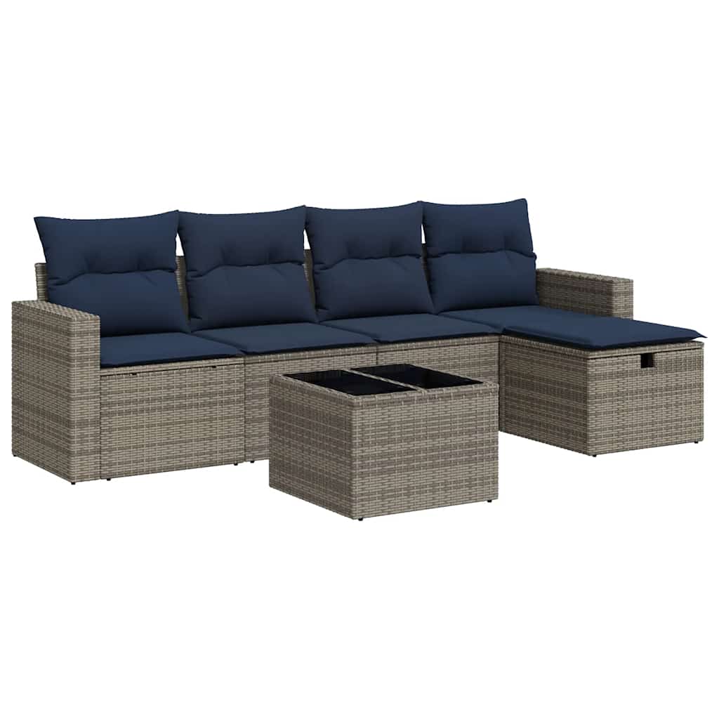 6-tlg. Garten-Sofagarnitur mit Kissen Grau Poly Rattan