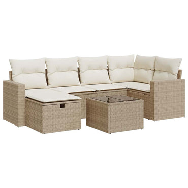 7-tlg. Garten-Sofagarnitur mit Kissen Beige Poly Rattan