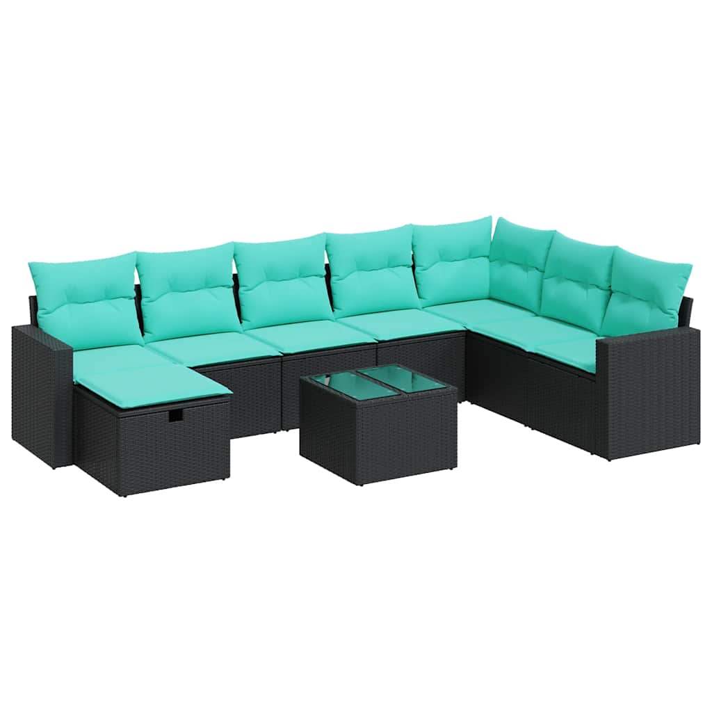 9-tlg. Garten-Sofagarnitur mit Kissen Schwarz Poly Rattan