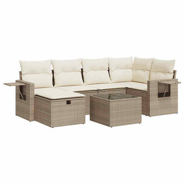 7-tlg. Garten-Sofagarnitur mit Kissen Beige Poly Rattan