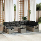 9-tlg. Garten-Sofagarnitur mit Kissen Grau Poly Rattan