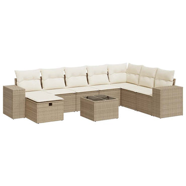 9-tlg. Garten-Sofagarnitur mit Kissen Beige Poly Rattan