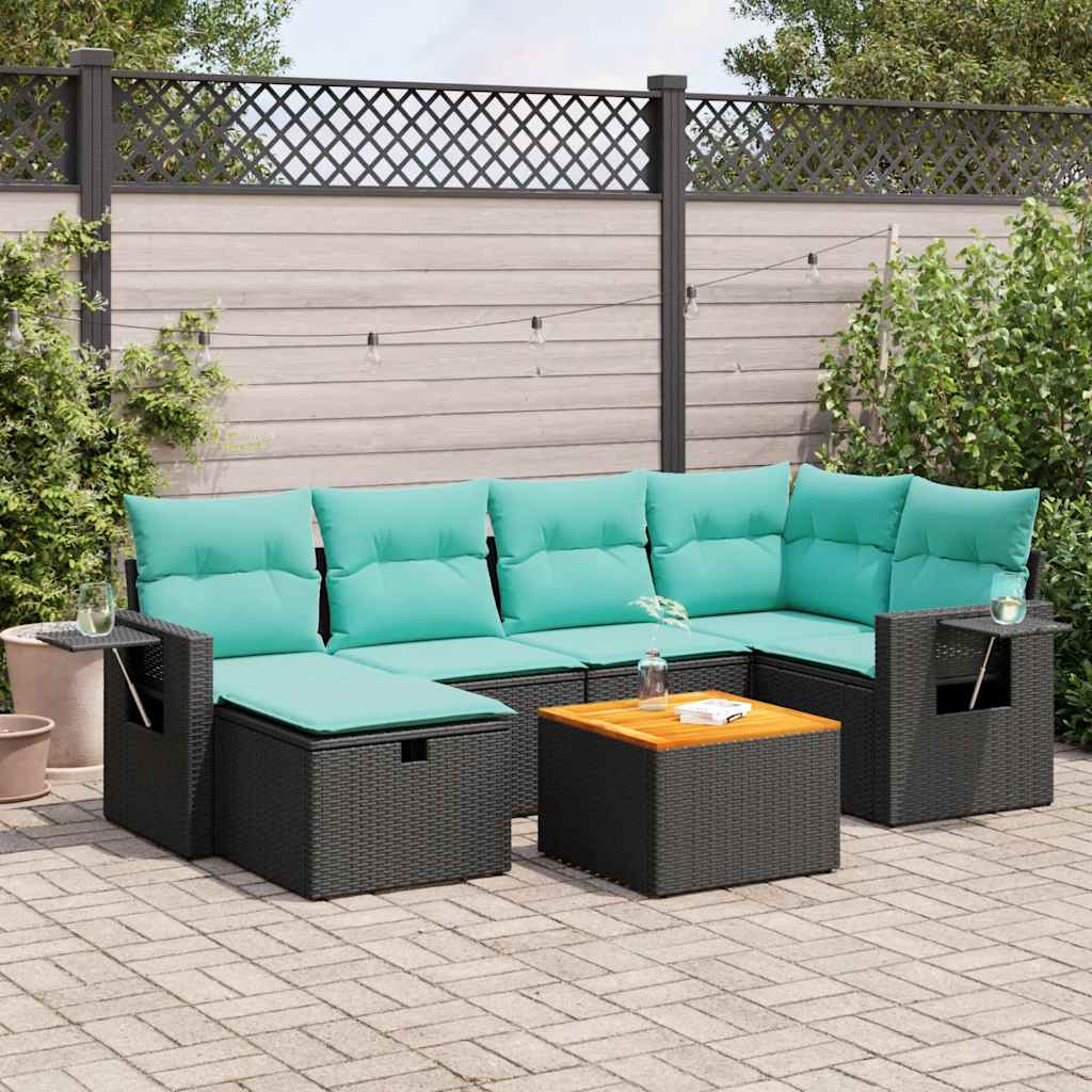 7-tlg. Garten-Sofagarnitur mit Kissen Schwarz Poly Rattan