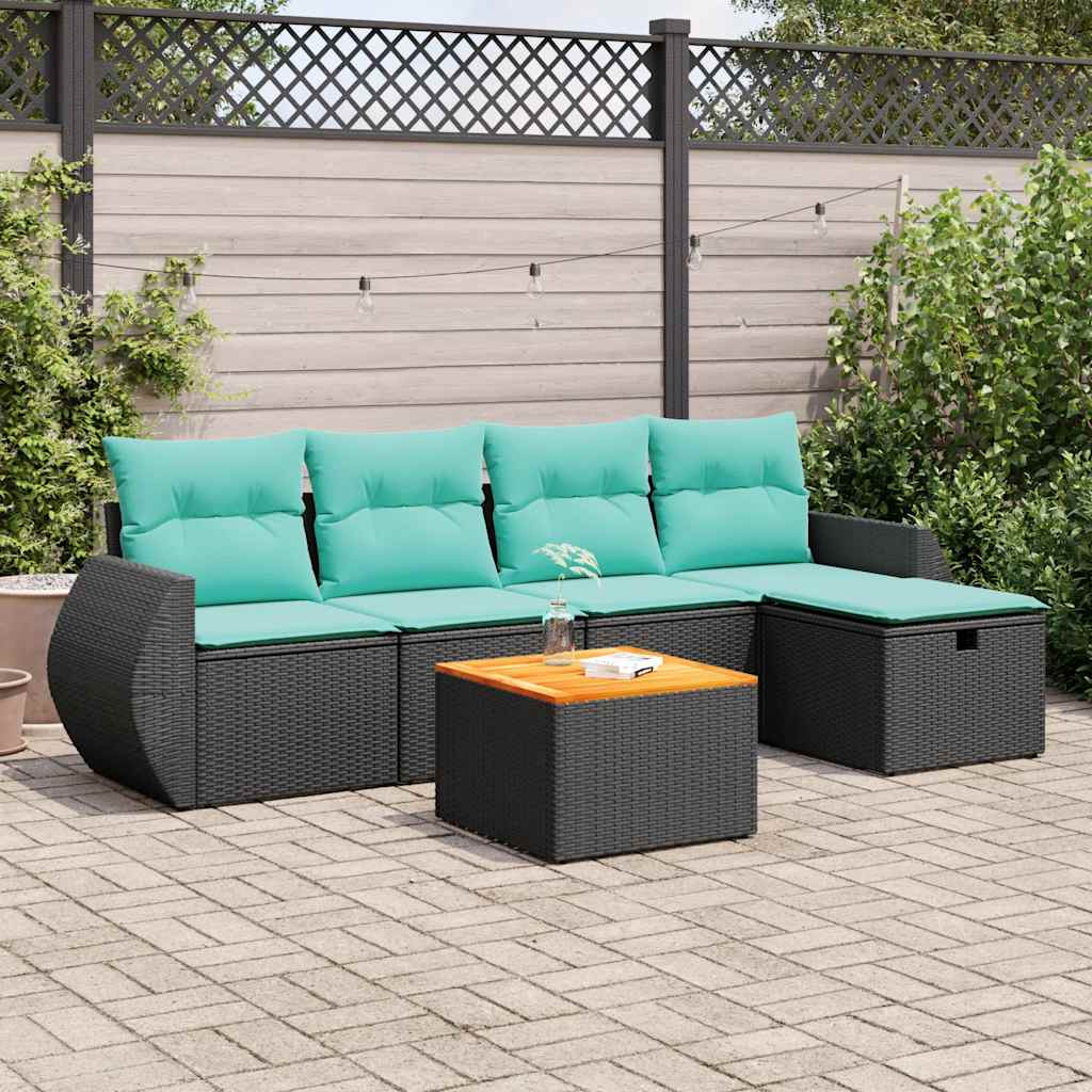 6-tlg. Garten-Sofagarnitur mit Kissen Schwarz Poly Rattan