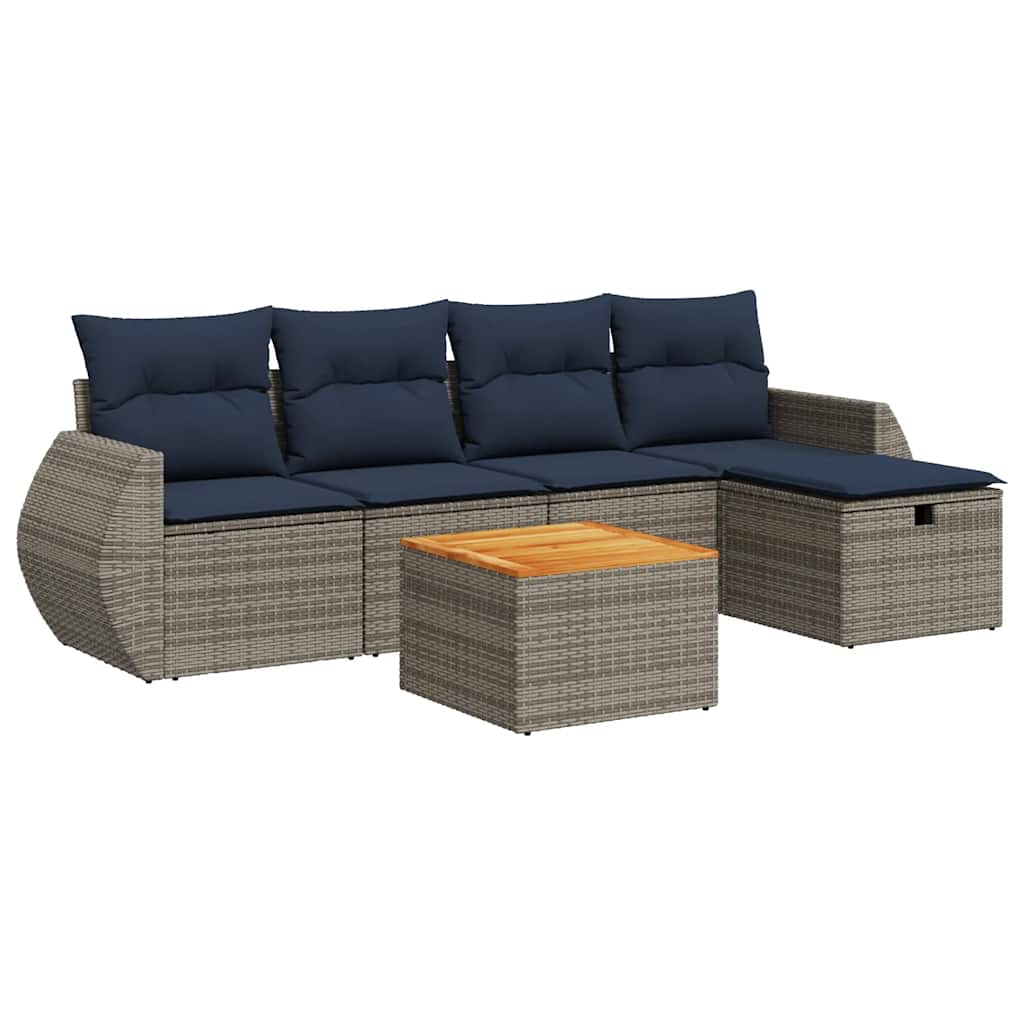 6-tlg. Garten-Sofagarnitur mit Kissen Grau Poly Rattan
