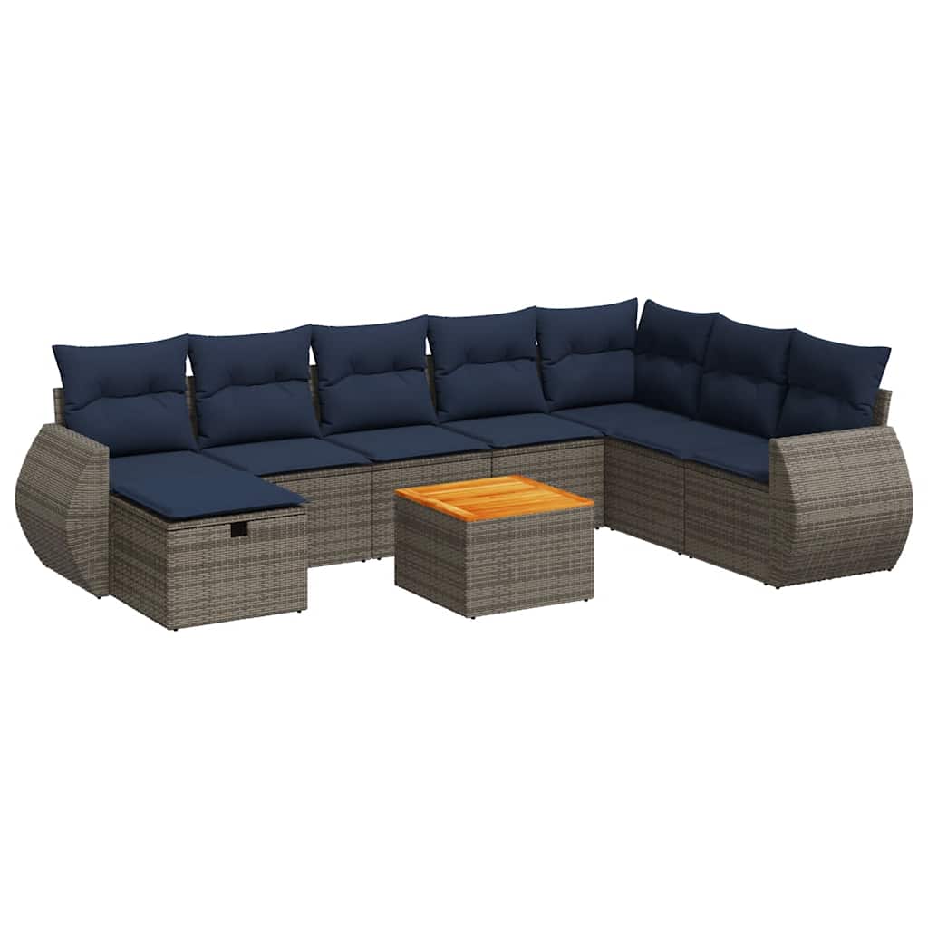 9-tlg. Garten-Sofagarnitur mit Kissen Grau Poly Rattan