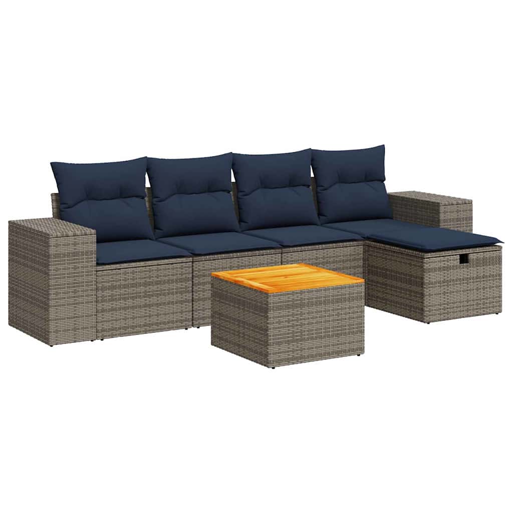 6-tlg. Garten-Sofagarnitur mit Kissen Grau Poly Rattan