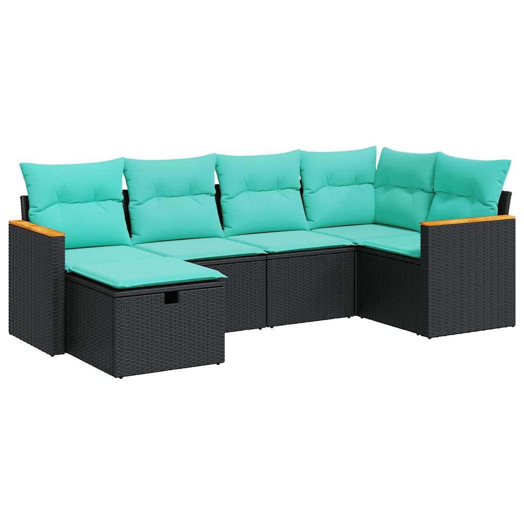 6-tlg. Garten-Sofagarnitur mit Kissen Schwarz Poly Rattan
