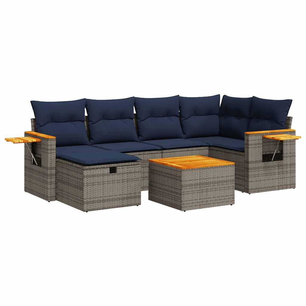 7-tlg. Garten-Sofagarnitur mit Kissen Grau Poly Rattan