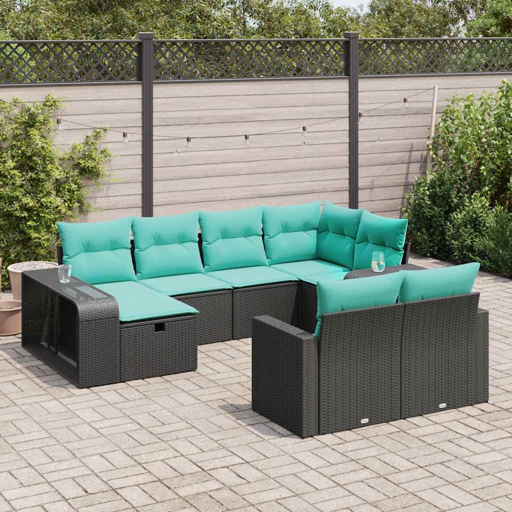 10-tlg. Garten-Sofagarnitur mit Kissen Schwarz Poly Rattan