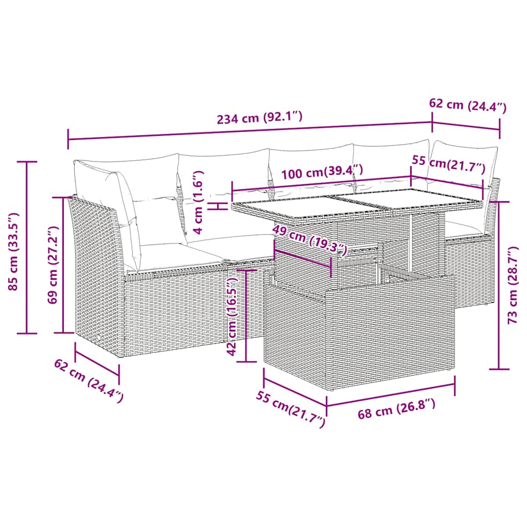 5-tlg. Garten-Sofagarnitur mit Kissen Beige Poly Rattan