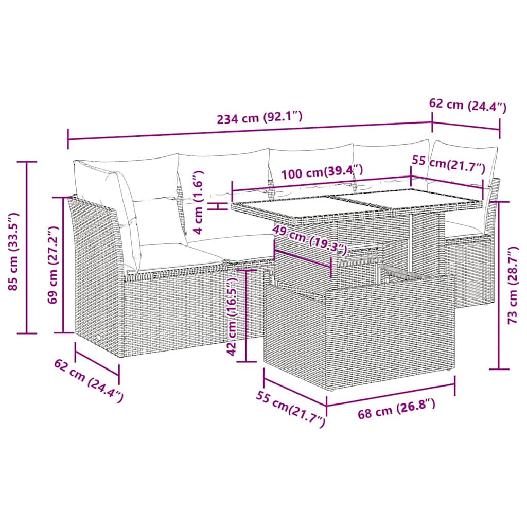 5-tlg. Garten-Sofagarnitur mit Kissen Beige Poly Rattan