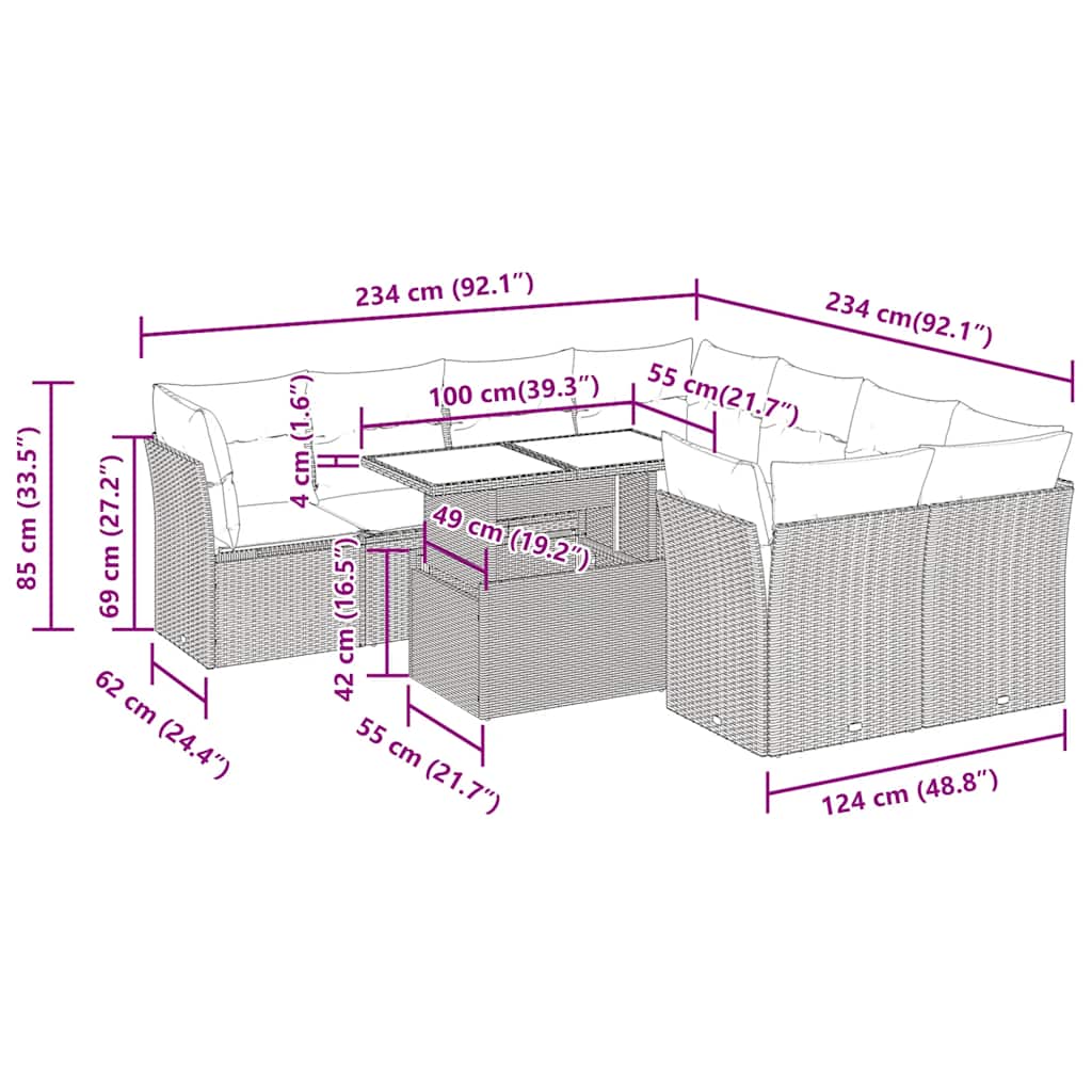 9-tlg. Garten-Sofagarnitur mit Kissen Grau Poly Rattan Akazie