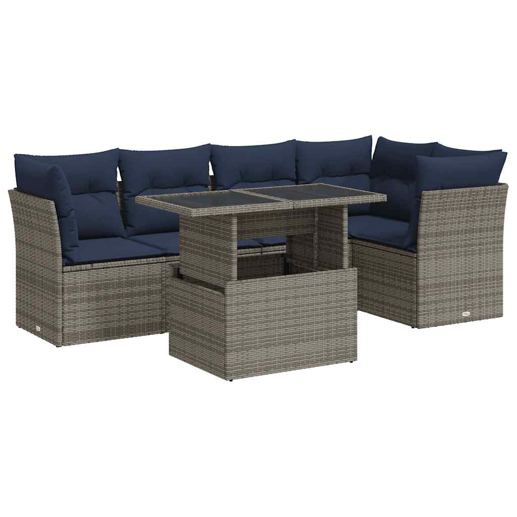 6-tlg. Garten-Sofagarnitur mit Kissen Grau Poly Rattan Akazie