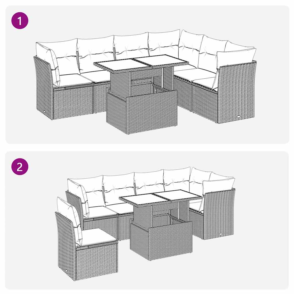 7-tlg. Garten-Sofagarnitur mit Kissen Braun Poly Rattan Akazie