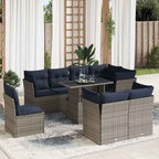 9-tlg. Garten-Sofagarnitur mit Kissen Grau Poly Rattan Akazie