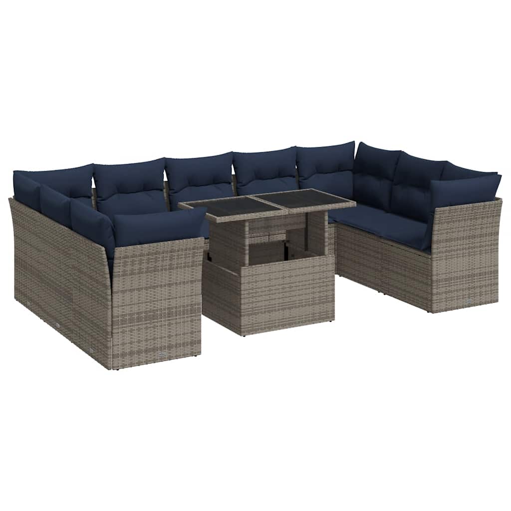10-tlg. Garten-Sofagarnitur mit Kissen Grau Poly Rattan Akazie