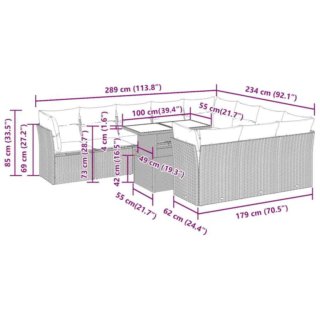 11-tlg. Garten-Sofagarnitur mit Kissen Beige Poly Rattan