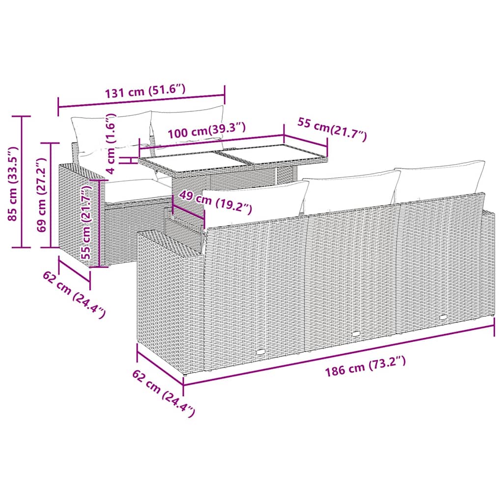 6-tlg. Garten-Sofagarnitur mit Kissen Braun Poly Rattan Akazie