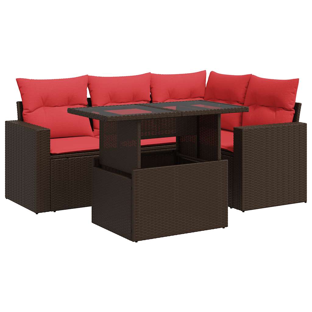 5-tlg. Garten-Sofagarnitur mit Kissen Braun Poly Rattan Akazie