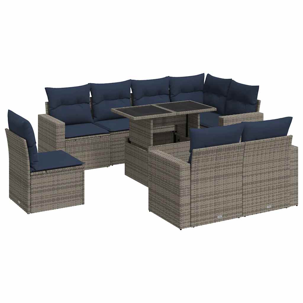 9-tlg. Garten-Sofagarnitur mit Kissen Grau Poly Rattan Akazie