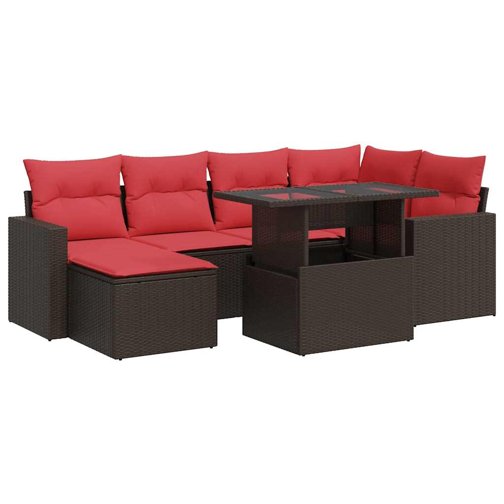 7-tlg. Garten-Sofagarnitur mit Kissen Braun Poly Rattan Akazie
